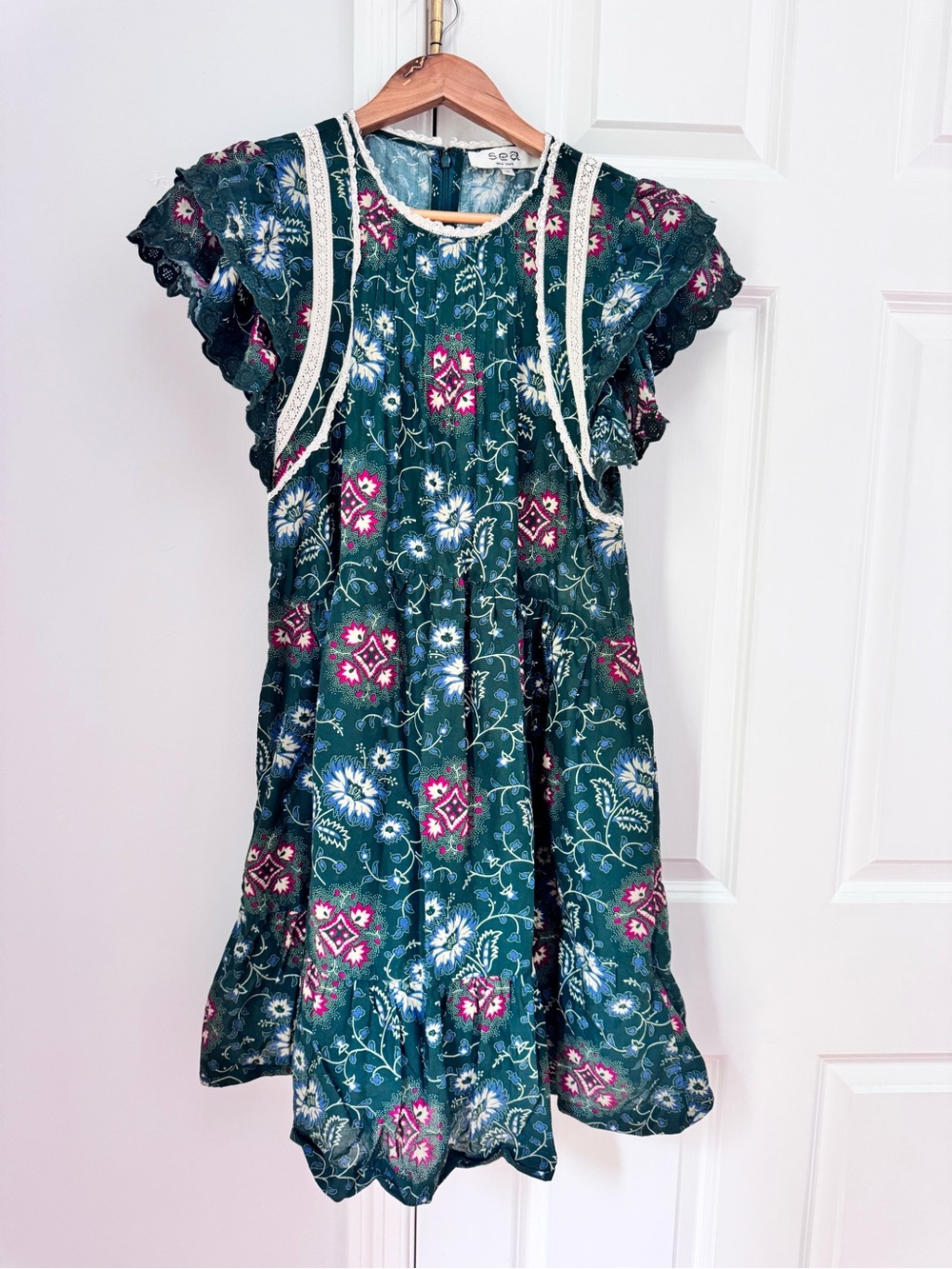 Sea New York Teal Floral Lace-Trim Dress Sz M EUC
